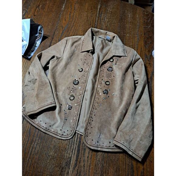 Chicos Size 1 Medium Size 8 Tan Suede Leather Open Front Jacket Blazer Embellish - Picture 1 of 8